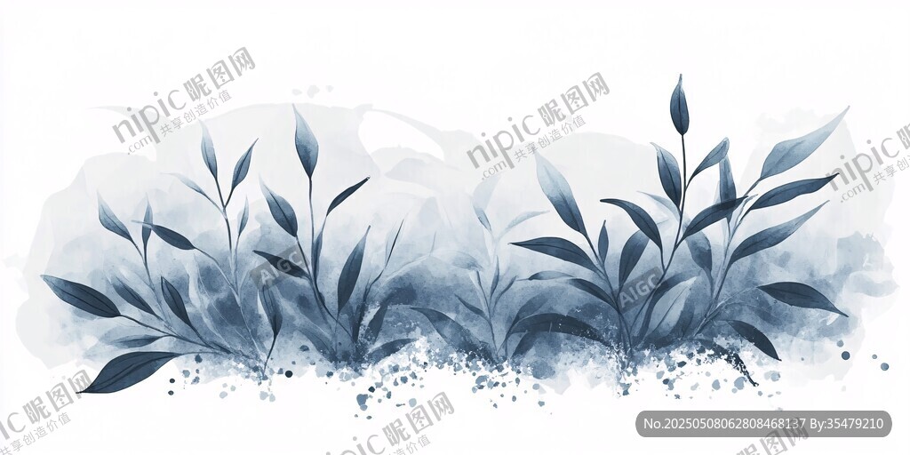 水墨風藍葉植物插畫
