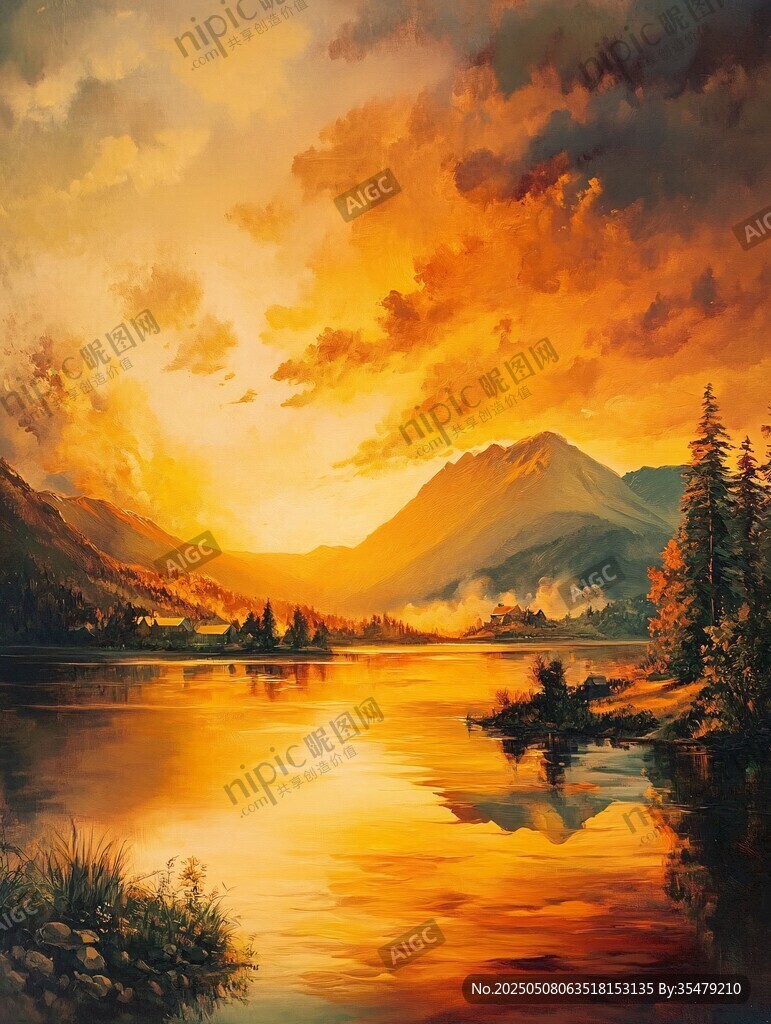 黃昏湖畔山林夢(mèng)幻風(fēng)景圖
