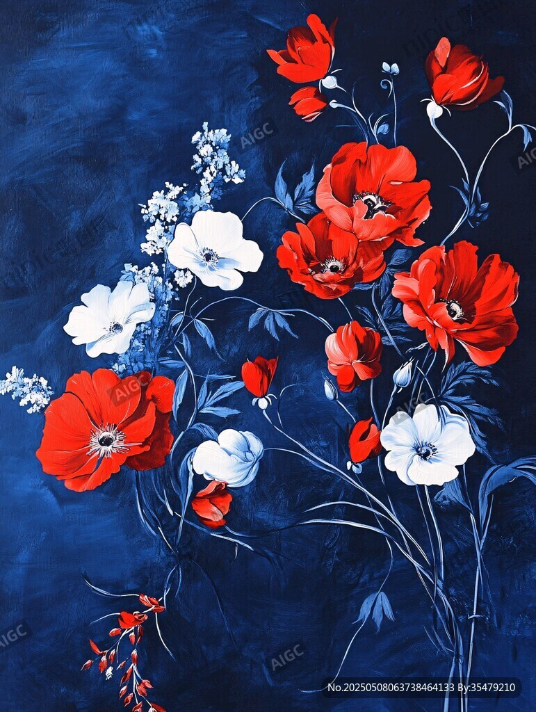 藍(lán)底紅白花束藝術(shù)畫作