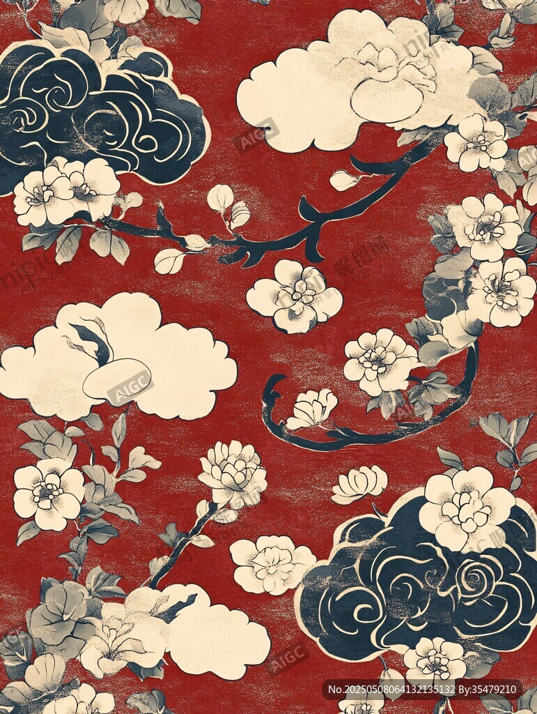 中式紅底花卉云紋圖案