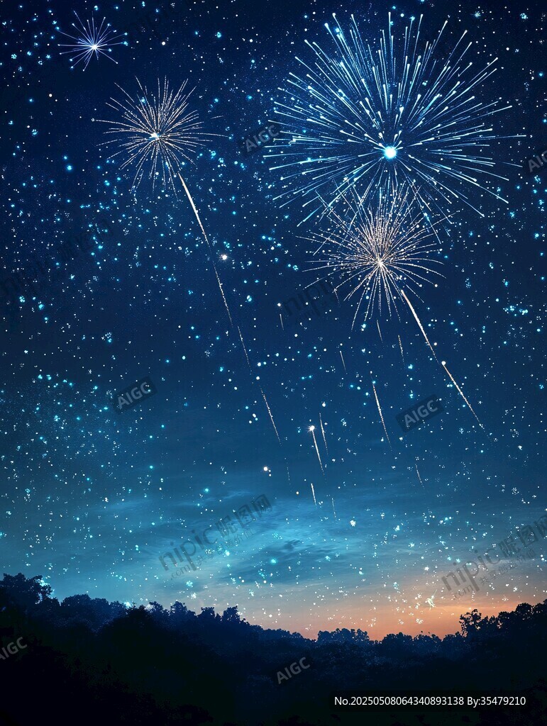 夜空煙花與繁星交相輝映