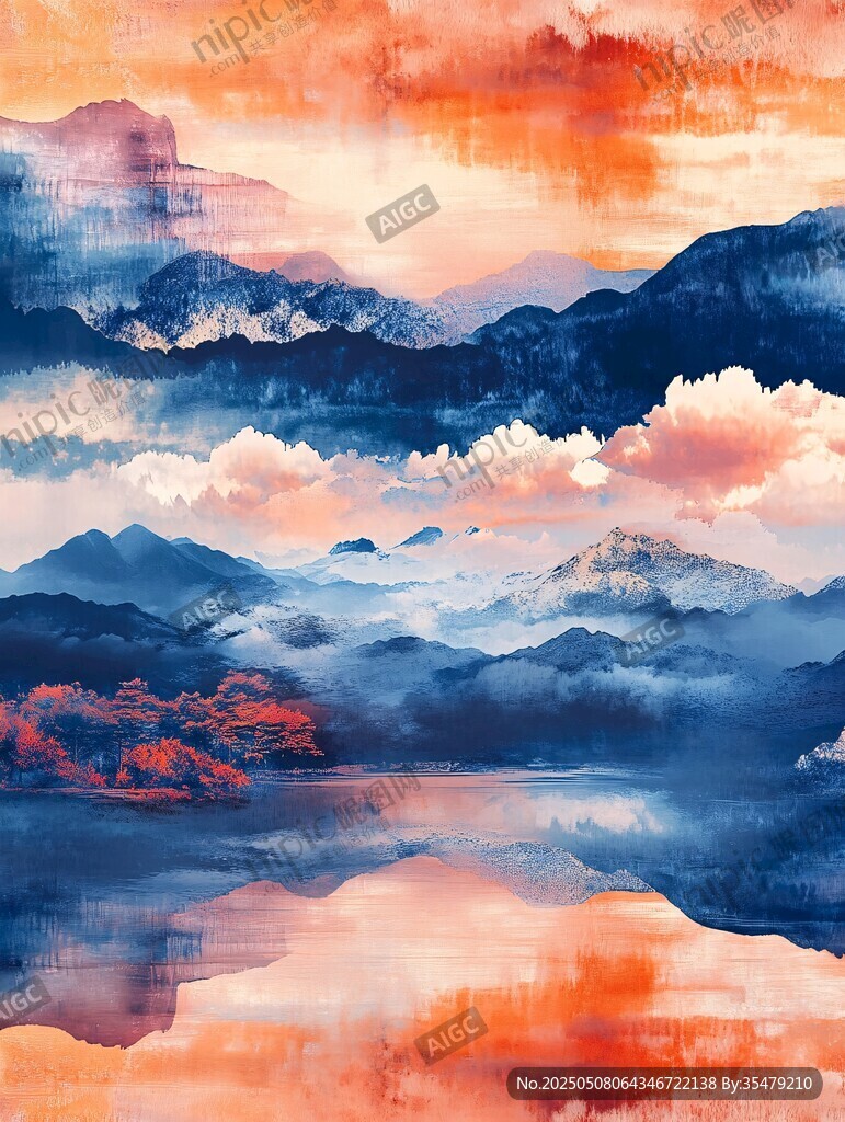 夢(mèng)幻山水水彩畫(huà)意境圖