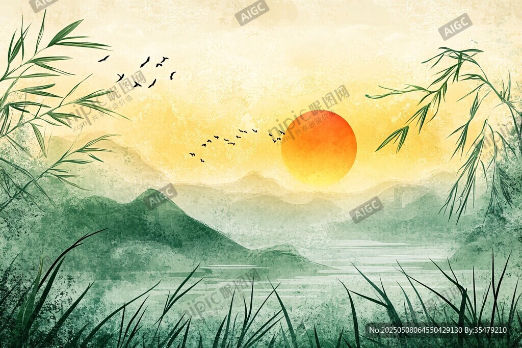 夕陽下的山水與飛鳥圖景