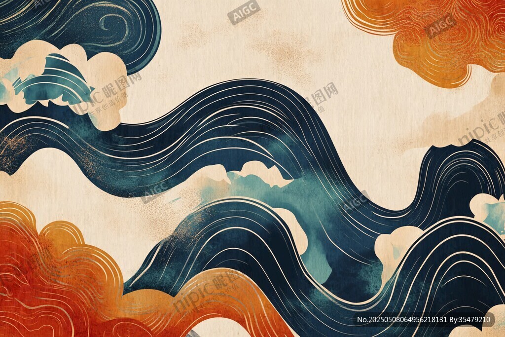 中式海浪云紋國風插畫