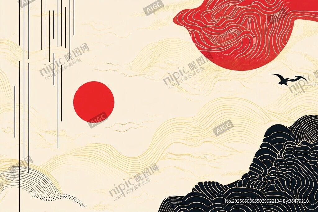 日式風(fēng)格紅日飛鳥山水圖
