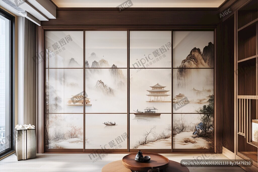 中式山水屏風(fēng)雅致室內(nèi)景