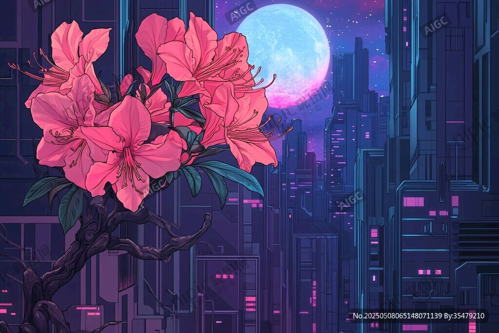 月夜都市中的艷麗杜鵑花