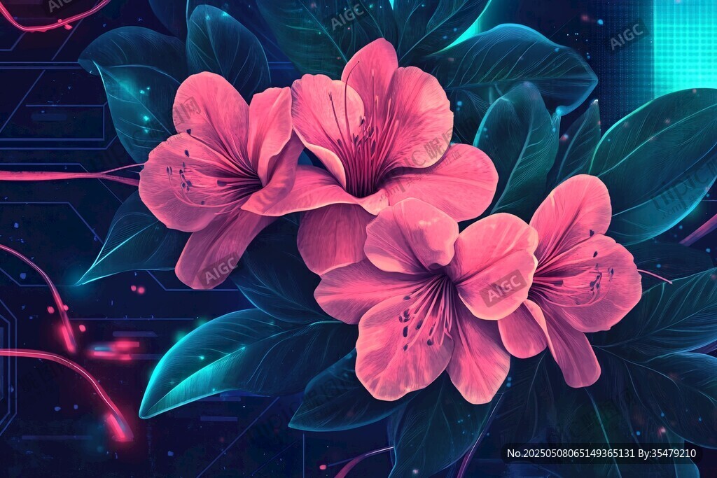 夢(mèng)幻科技風(fēng)綻放的粉色花朵
