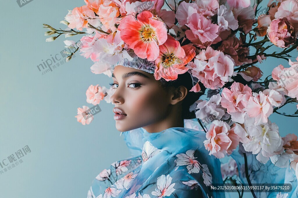 頭戴繁花的夢幻時尚佳人