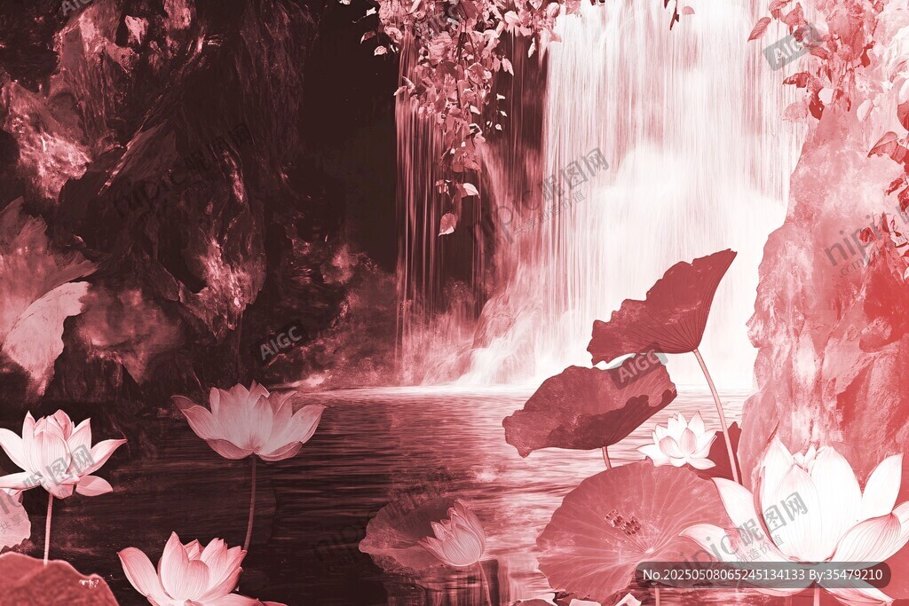 夢(mèng)幻粉調(diào)瀑布荷花美景