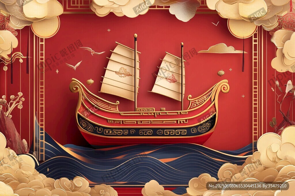 中式紅船揚(yáng)帆于云海之間