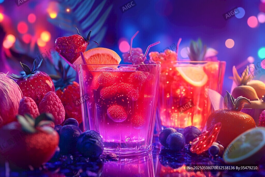 夢幻霓虹下的繽紛水果飲品