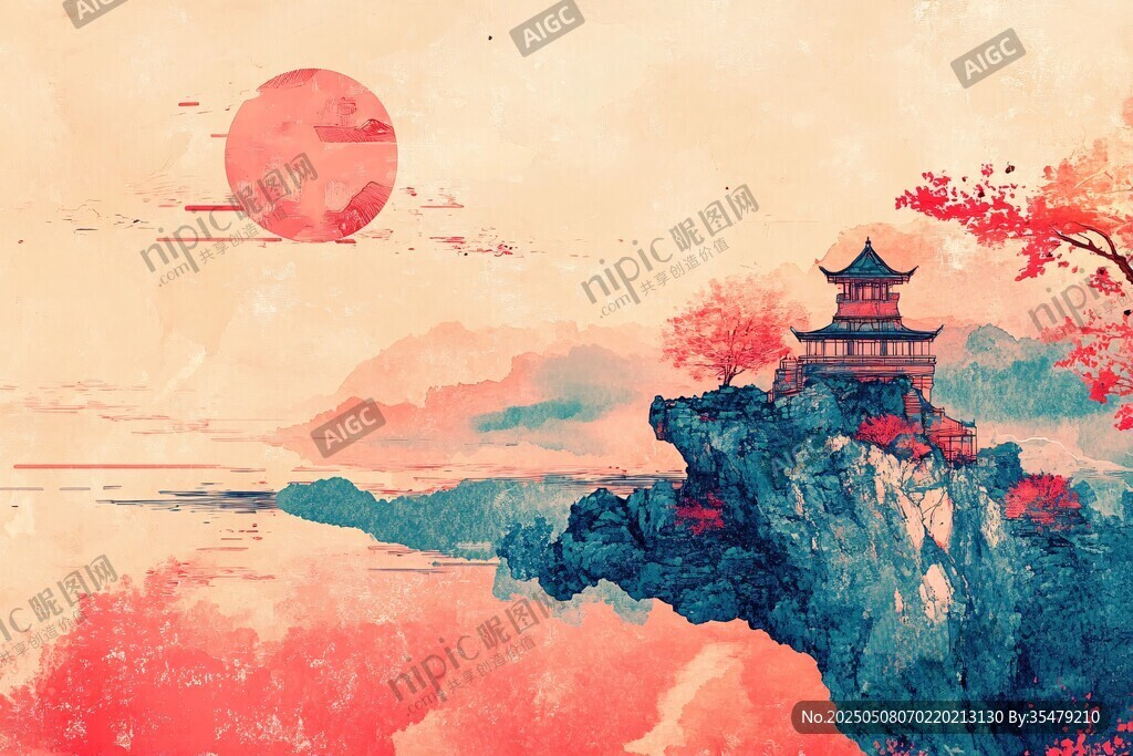 落日下的古風(fēng)樓閣美景