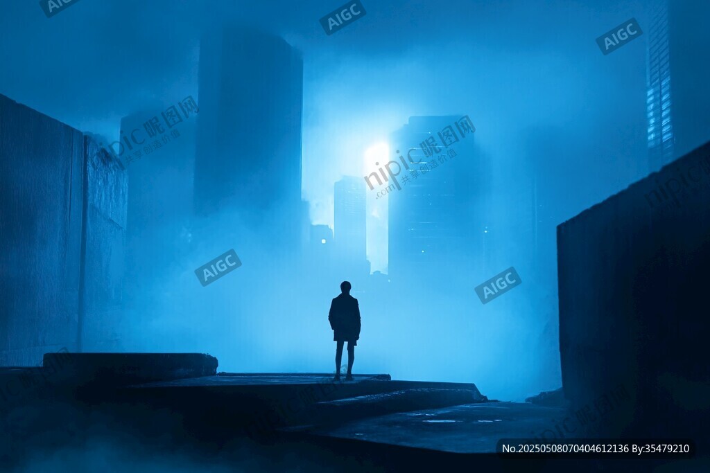 孤身于霧中都市的身影