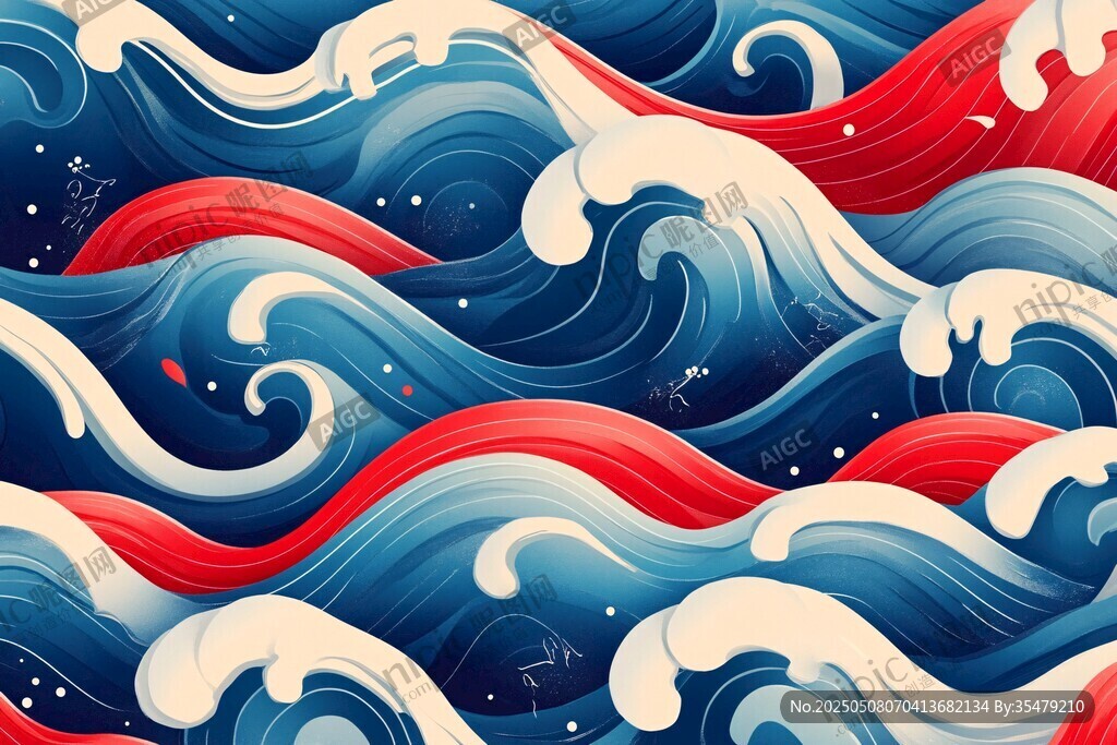 紅藍海浪藝術插畫圖案
