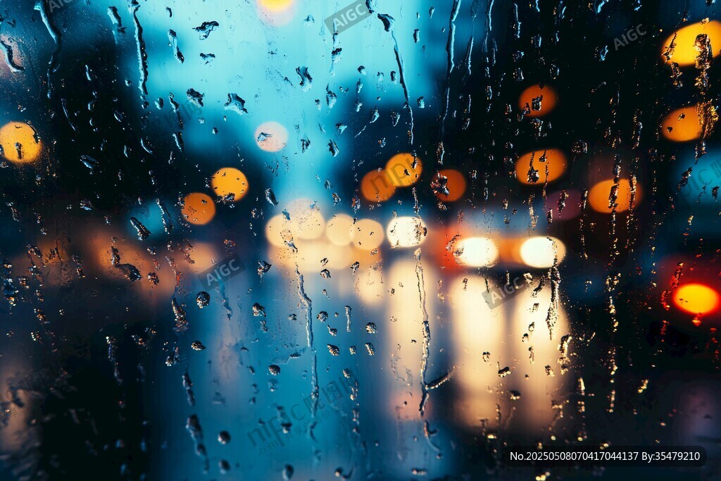雨中車窗下的城市光影