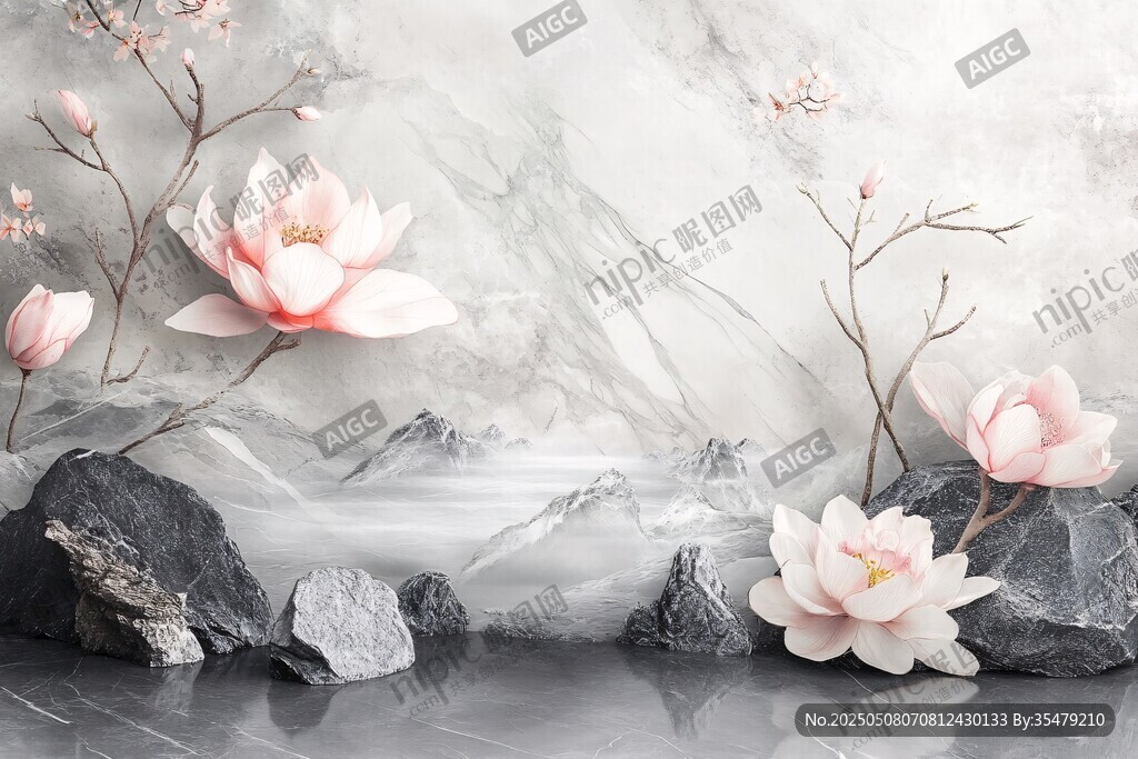 水墨風(fēng)花卉巖石山水圖景