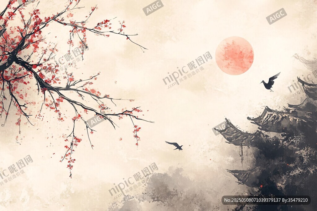 紅梅映日飛鳥(niǎo)伴古建