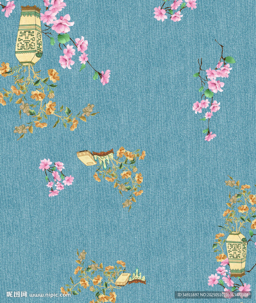 藍(lán)底中式花鳥燈籠圖案