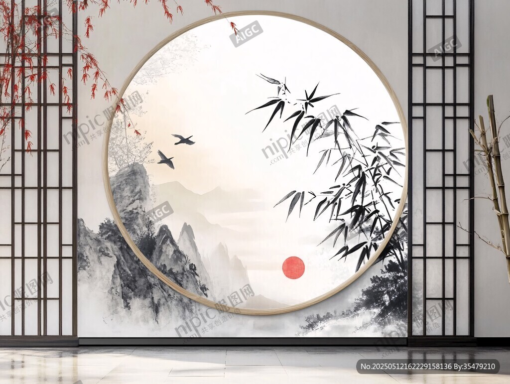 中式山水圓形裝飾畫(huà)意境美