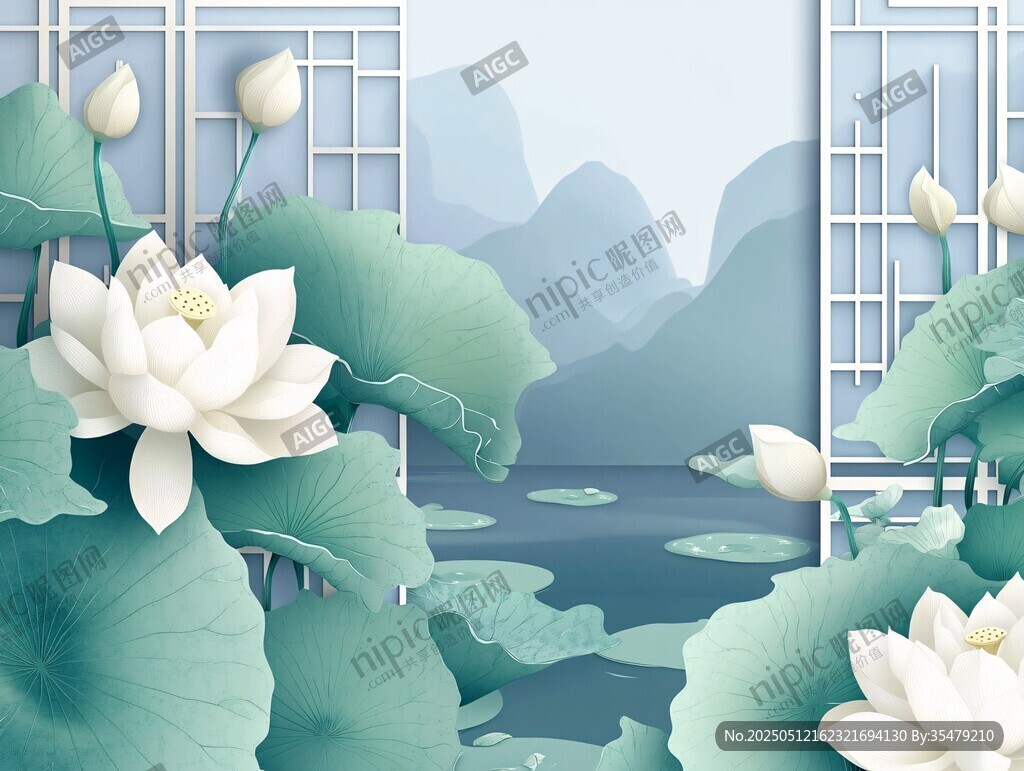 水墨風荷花山水雅致圖景