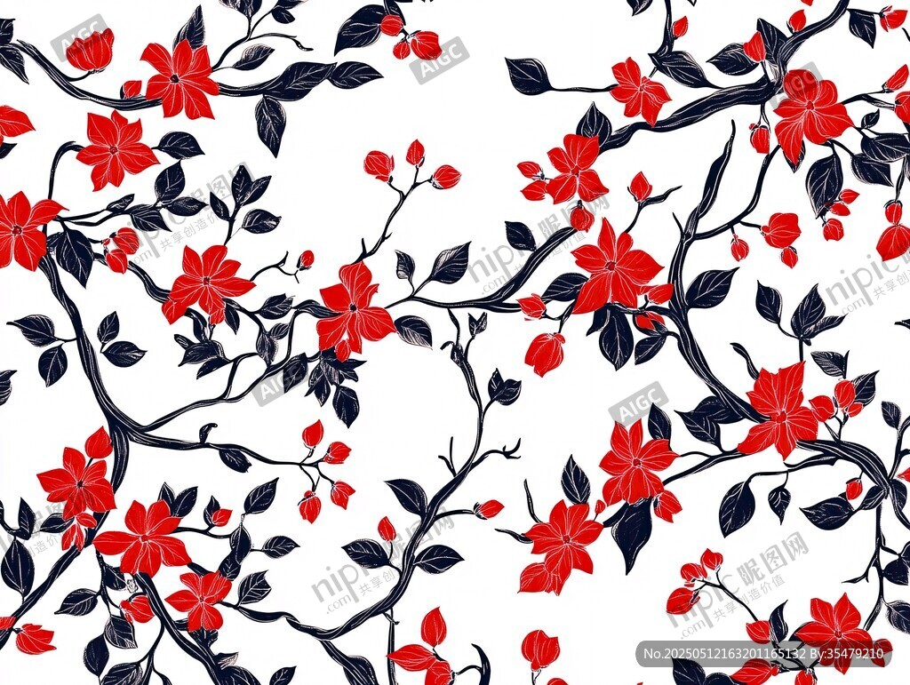 紅色花卉枝葉無縫圖案