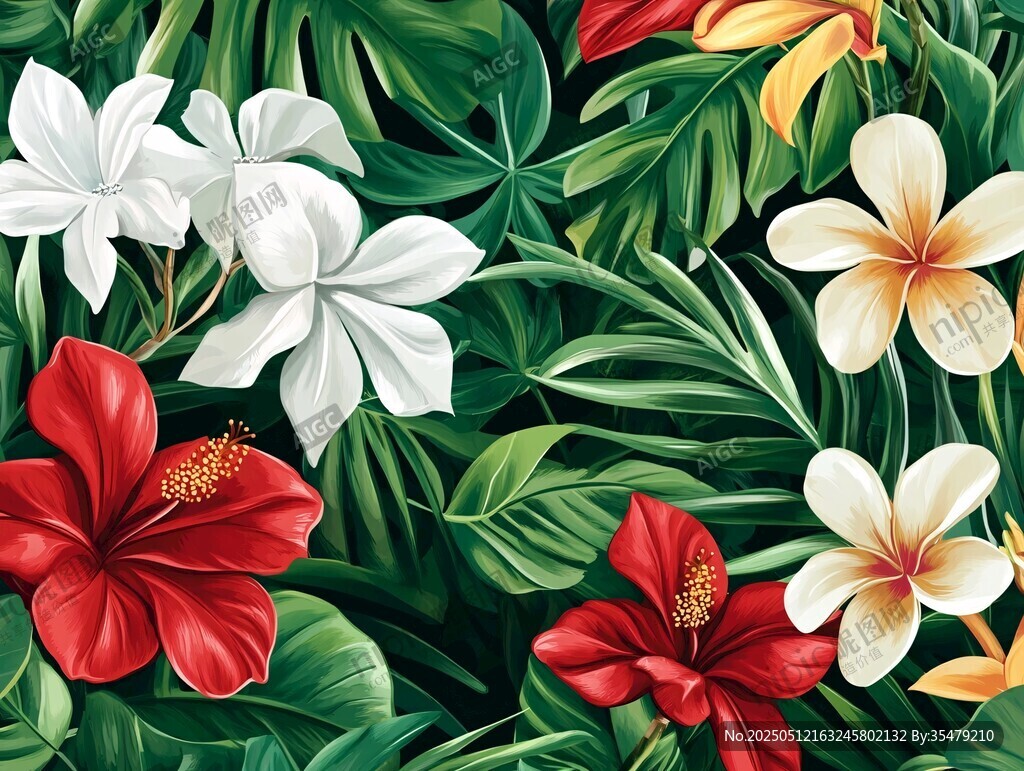 熱帶花卉與綠葉圖案