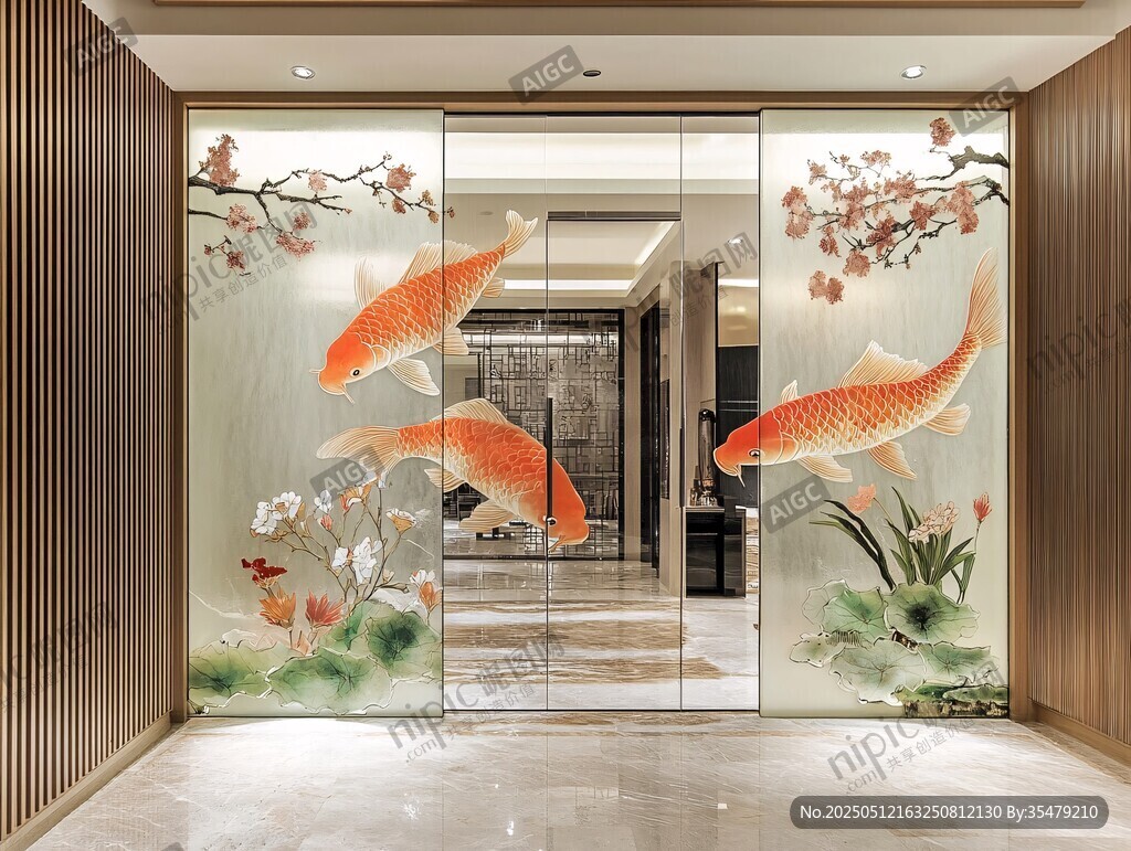 中式玄關(guān)錦鯉花卉藝術(shù)玻璃