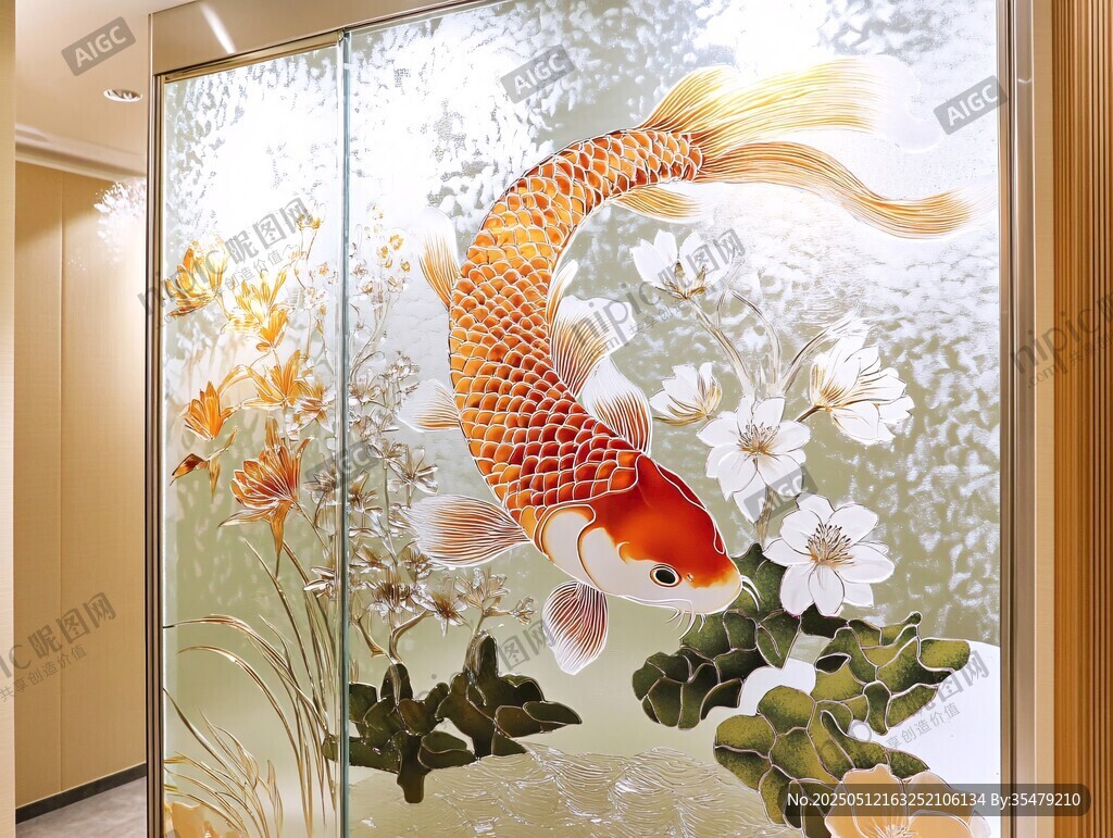 錦鯉花卉玻璃藝術(shù)裝飾畫