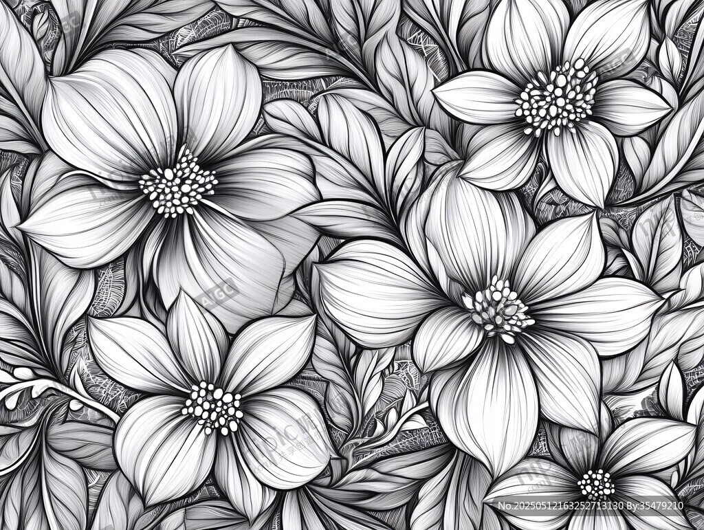 黑白花卉圖案精美插畫