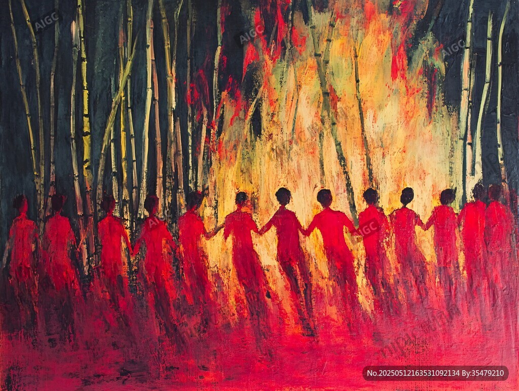 紅裙人群于林間火焰旁起舞