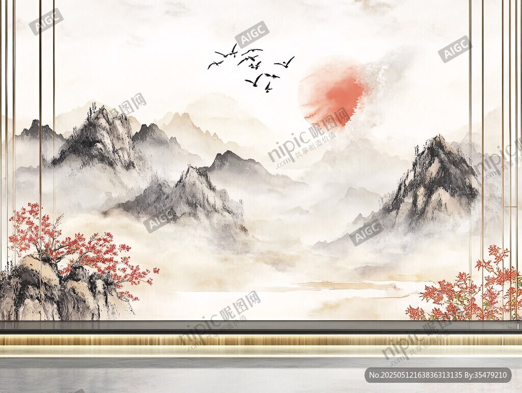 中式山水旭日飛鳥背景圖
