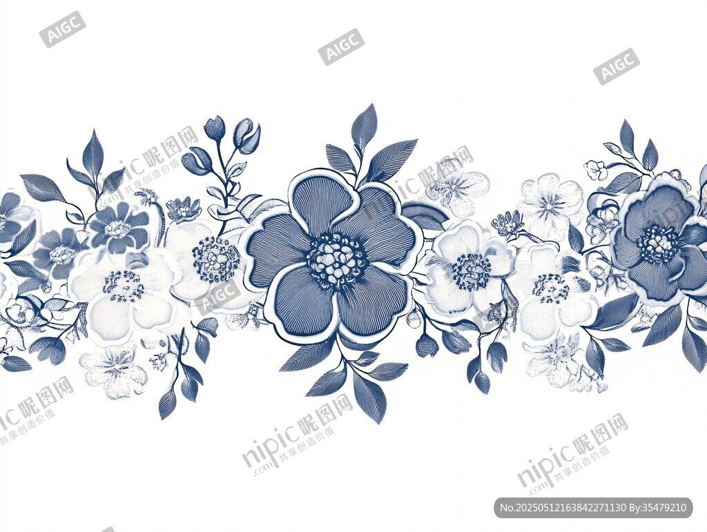 藍白花卉圖案裝飾花邊