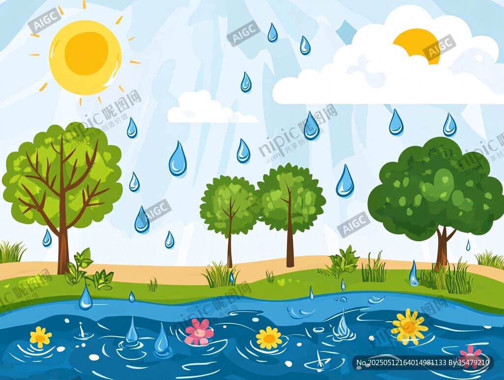 夏日雨中河畔的清新景致
