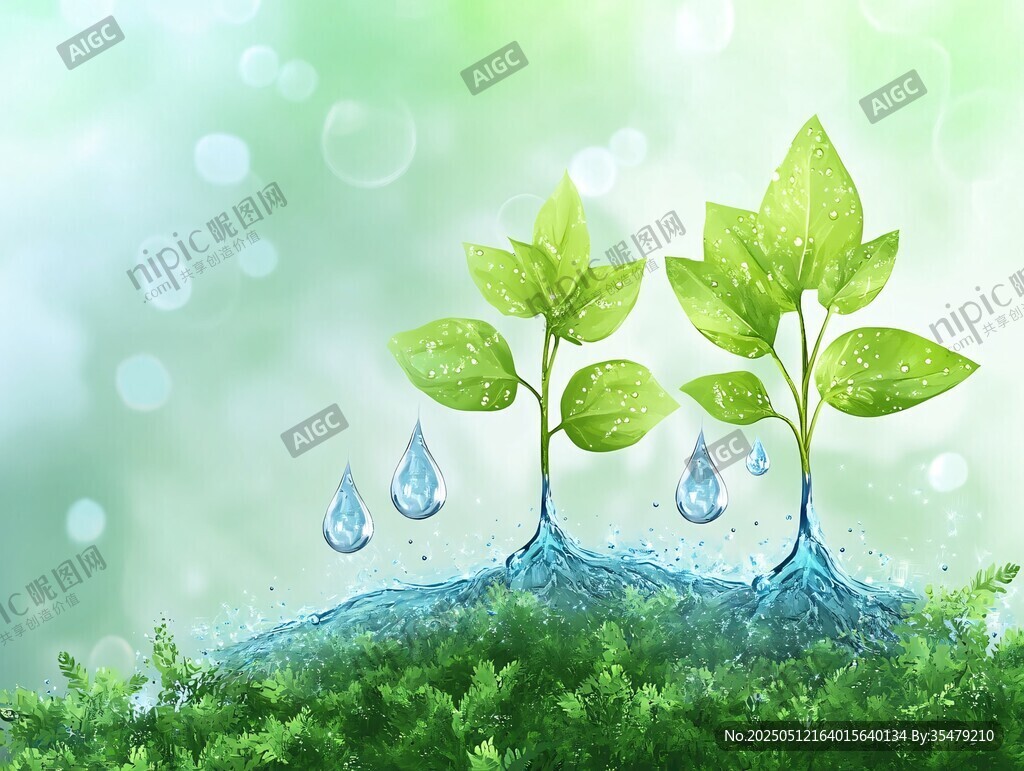 嫩綠幼苗伴水滴的生機圖景