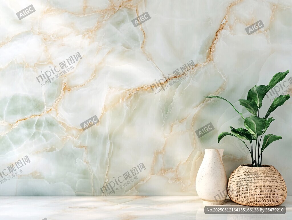 玉色大理石墻面與綠植擺件