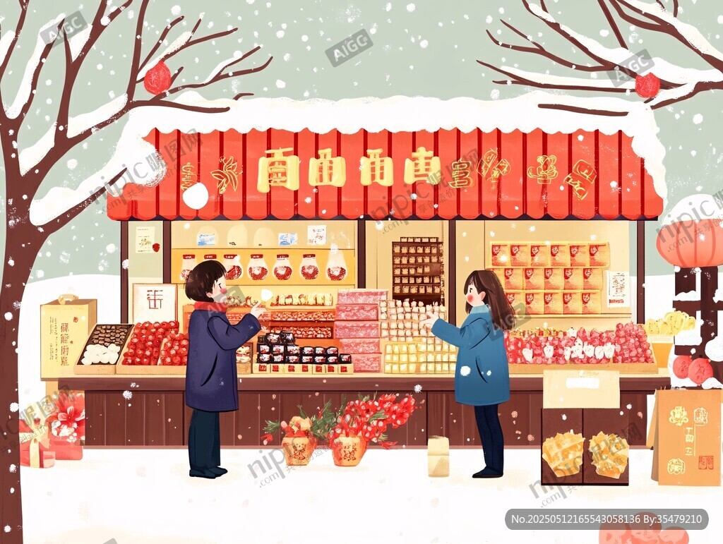 雪天街頭的年貨選購場景
