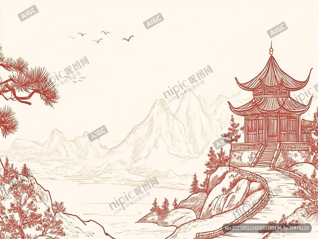 古風山水間的亭臺景致