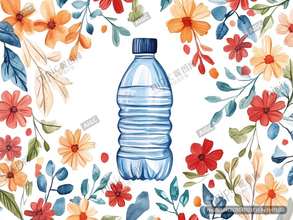 花卉環(huán)繞的藍(lán)色水瓶