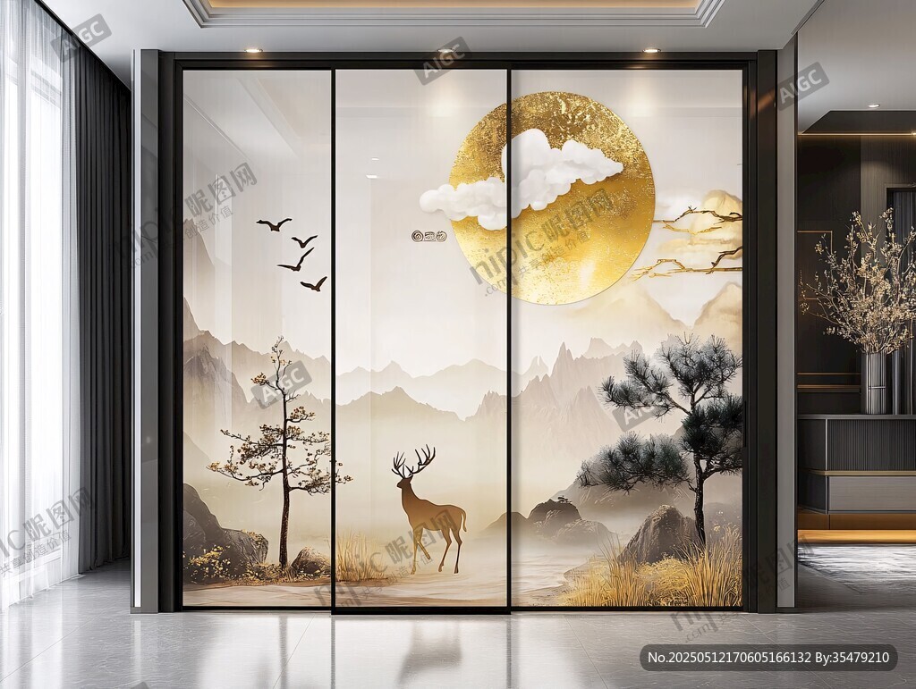 中式山水麋鹿移門裝飾畫