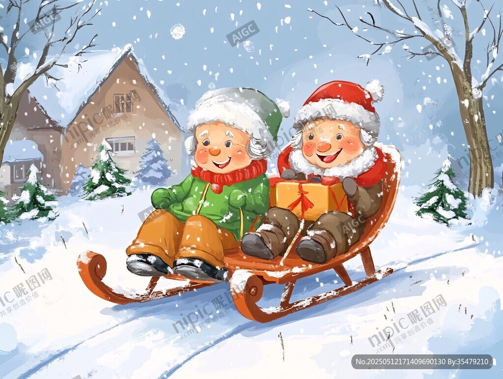 雪天孩童坐雪橇歡樂時光