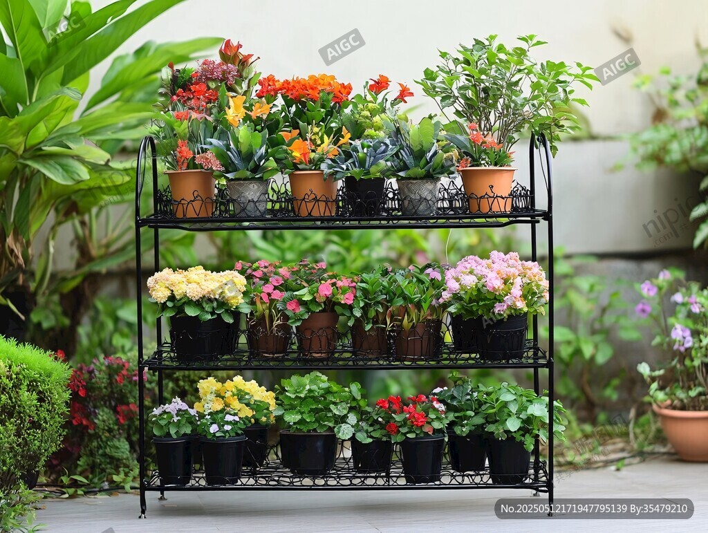 三層花架上的繽紛花卉