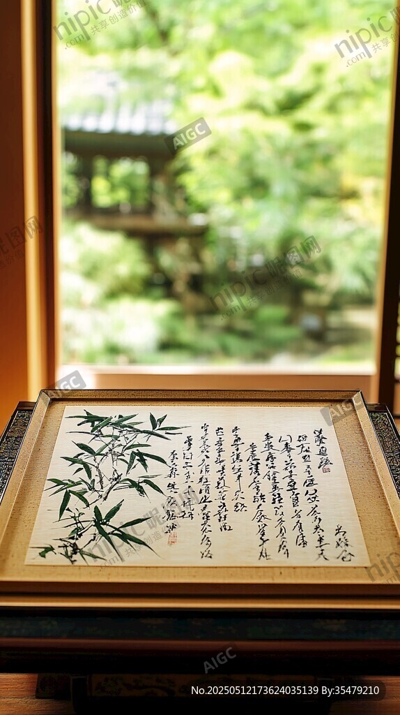 中式書(shū)房?jī)?nèi)的竹畫(huà)與窗外景