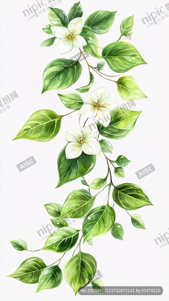 手繪綠葉白花藤蔓圖案