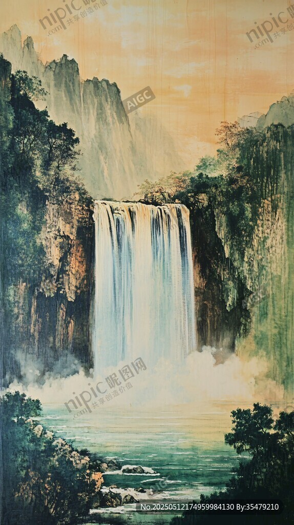 壯美山水瀑布國畫景觀