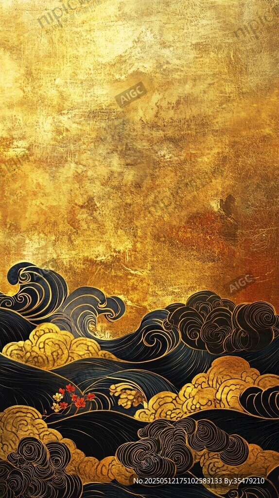 金色海浪錦鯉中式背景圖