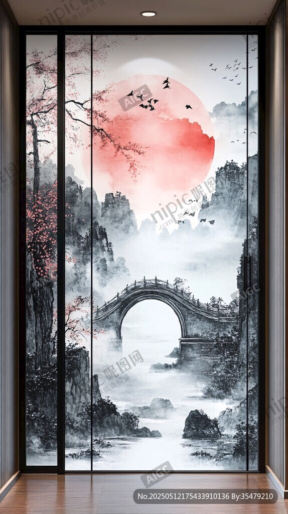 中式山水墨韻移門裝飾畫