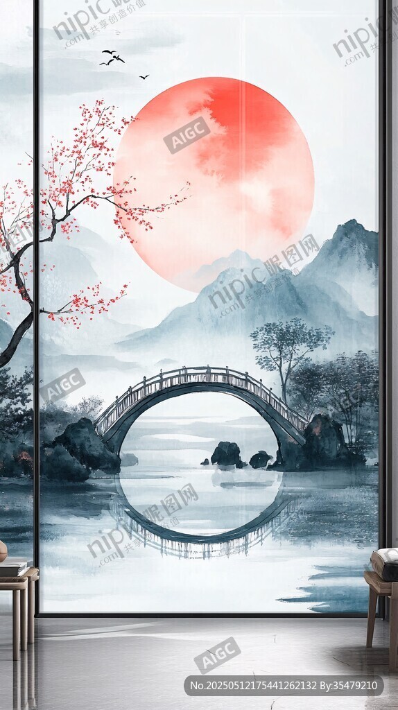 中式山水橋畔紅日美景圖