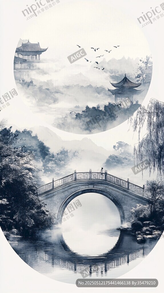 水墨江南橋畔詩意景致