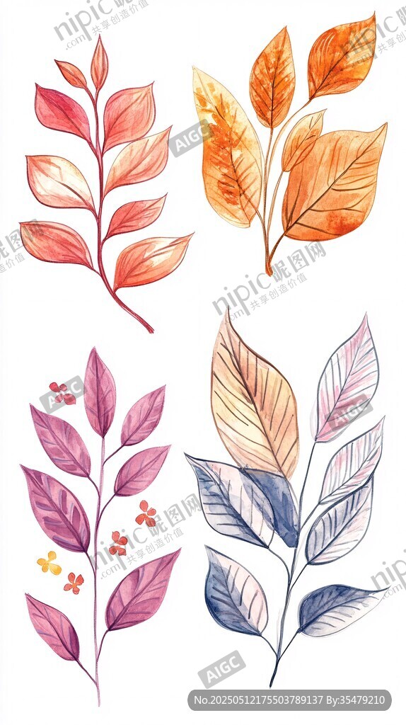 水彩風(fēng)多彩植物葉片插畫